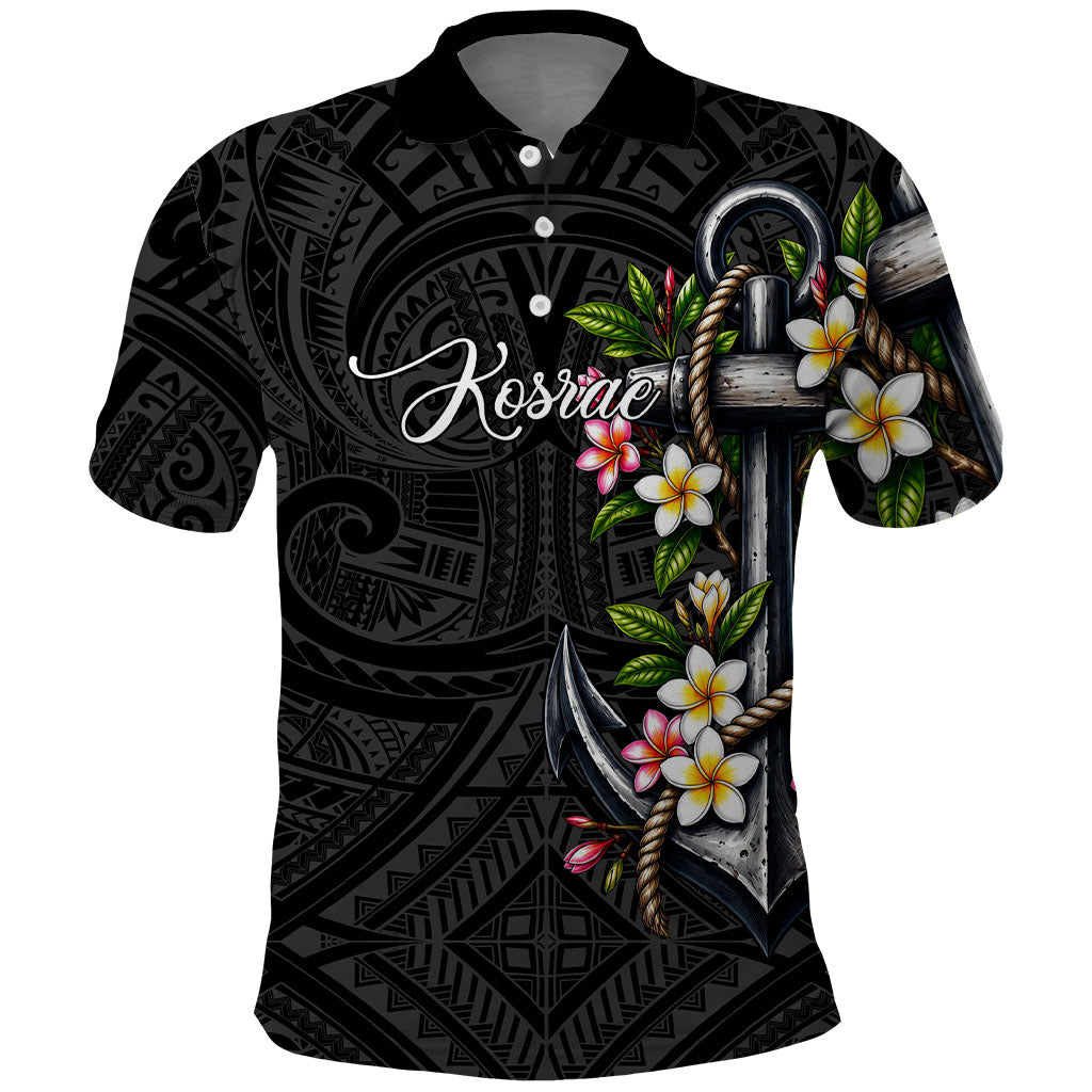 Kosrae Nautical Heritage Polo Shirt Polynesian Tribal Anchor With Plumeria Tropical Art TS04 Black Grey - Polynesian Pride