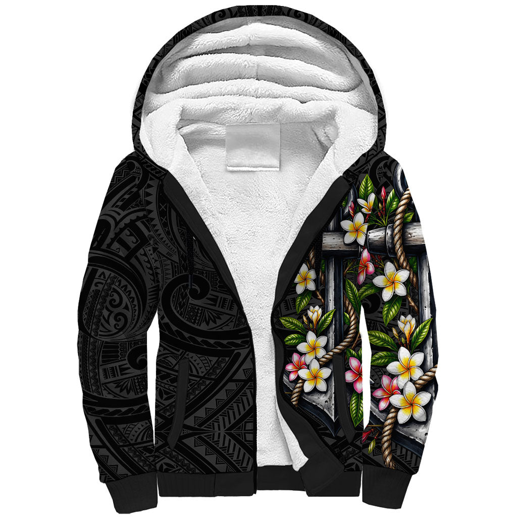Kosrae Nautical Heritage Sherpa Hoodie Polynesian Tribal Anchor With Plumeria Tropical Art