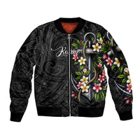 Kosrae Nautical Heritage Sleeve Zip Bomber Jacket Polynesian Tribal Anchor With Plumeria Tropical Art