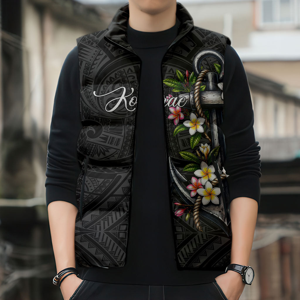 Kosrae Nautical Heritage Sleeveless Puffer Jacket Polynesian Tribal Anchor With Plumeria Tropical Art
