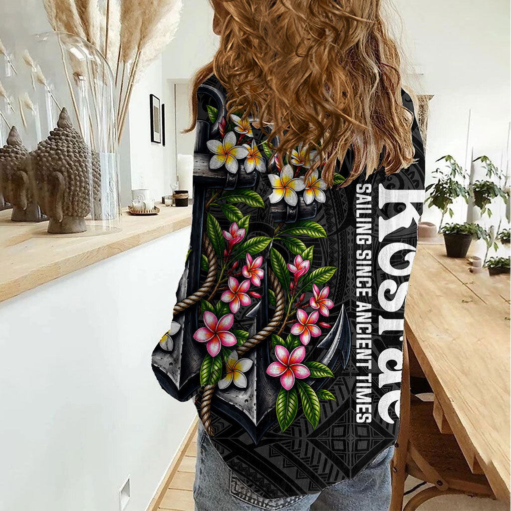 Kosrae Nautical Heritage Women Casual Shirt Polynesian Tribal Anchor With Plumeria Tropical Art