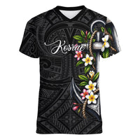 Kosrae Nautical Heritage Women V-Neck T-Shirt Polynesian Tribal Anchor With Plumeria Tropical Art