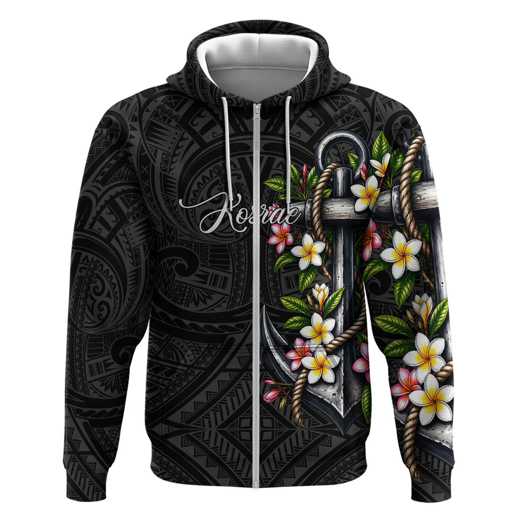 Kosrae Nautical Heritage Zip Hoodie Polynesian Tribal Anchor With Plumeria Tropical Art