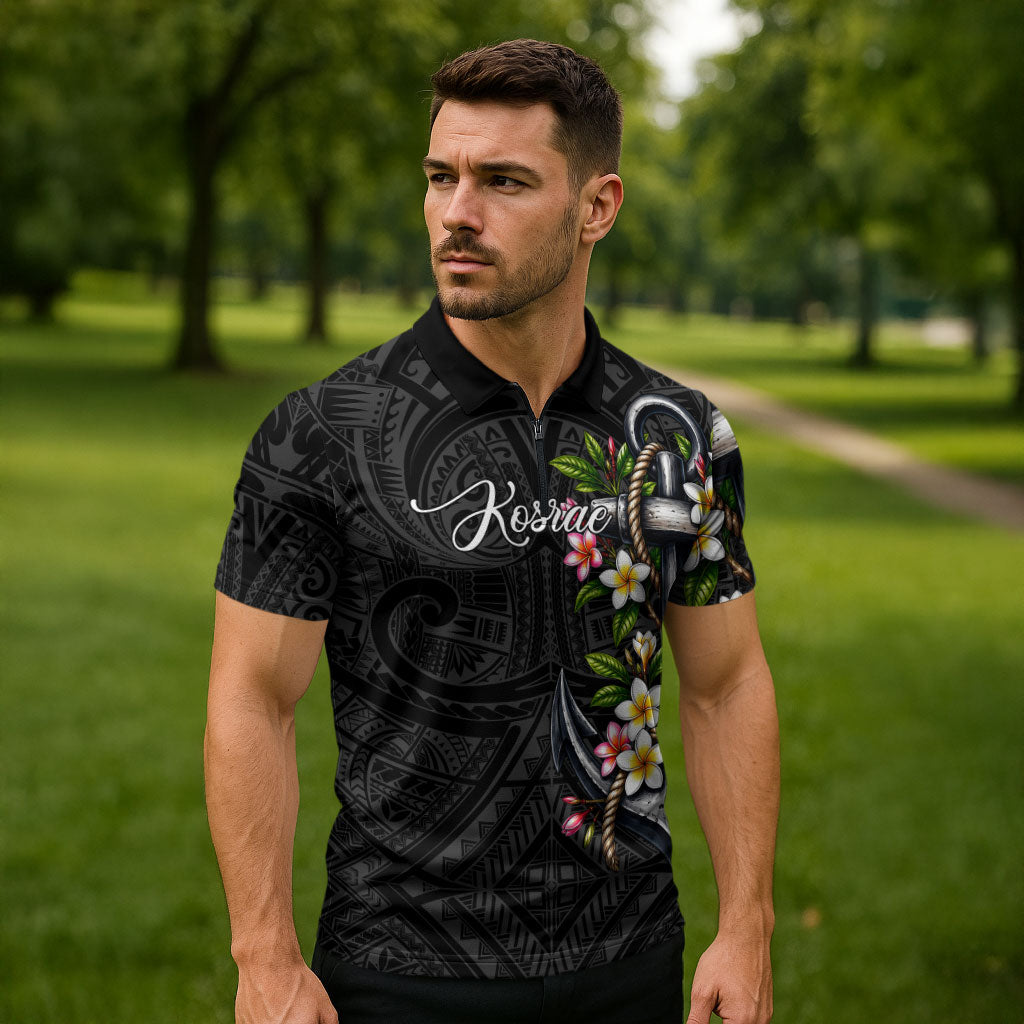Kosrae Nautical Heritage Zipper Polo Shirt Polynesian Tribal Anchor With Plumeria Tropical Art