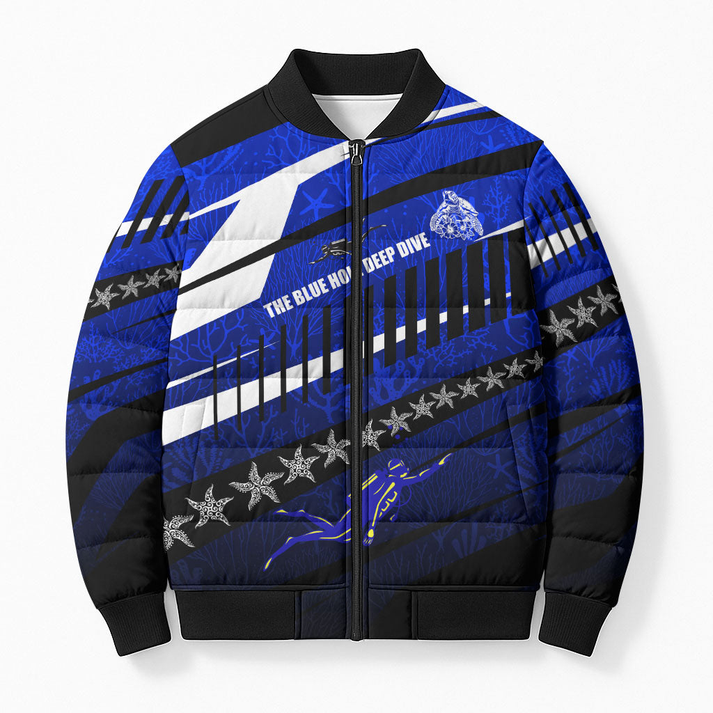 Kosrae Deep Sea Scuba Diving Bomber Puffer Jacket Blue Hole Beneath The Surface Coral Reef Graphic Art