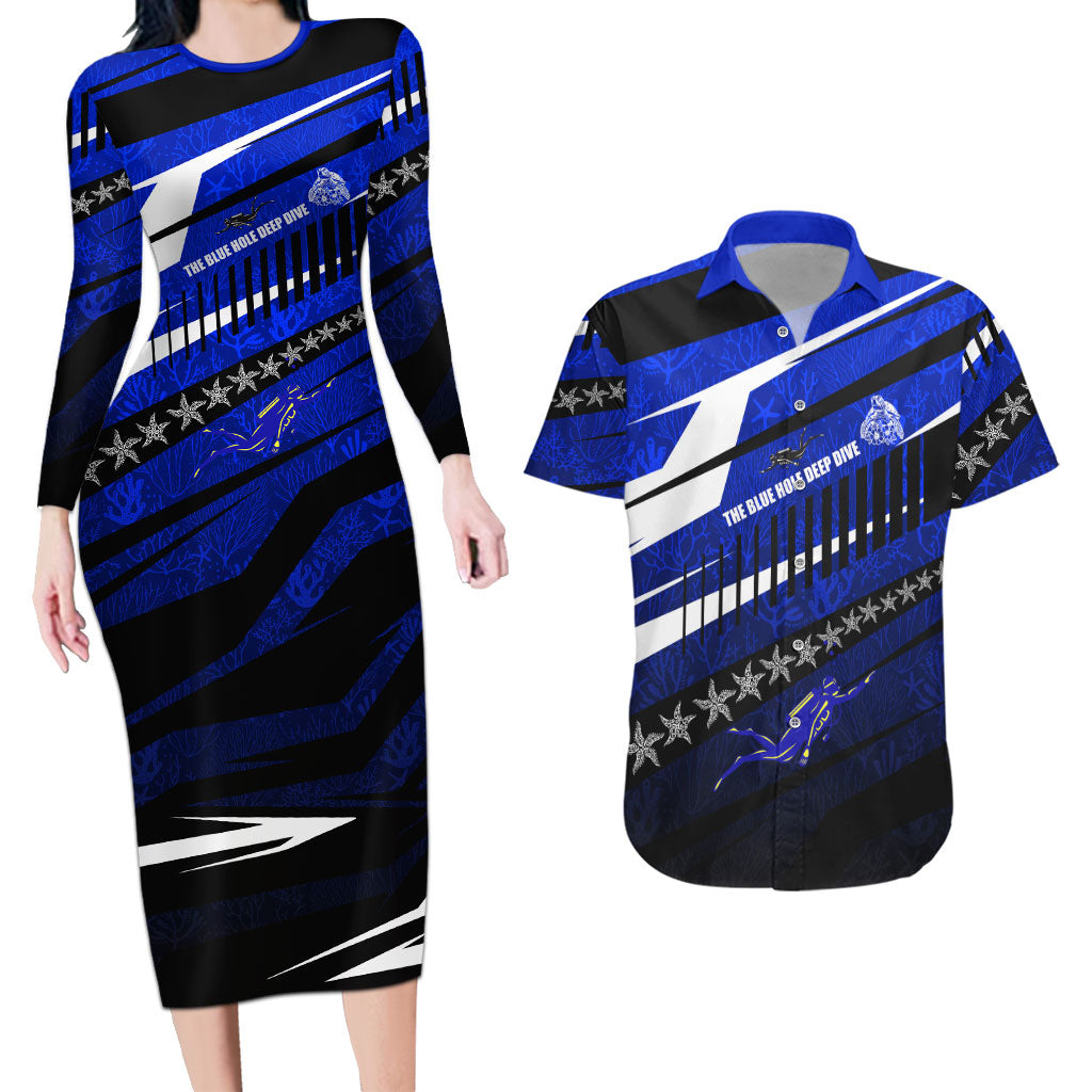 Kosrae Deep Sea Scuba Diving Couples Matching Long Sleeve Bodycon Dress and Hawaiian Shirt Blue Hole Beneath The Surface Coral Reef Graphic Art TS04 Blue Black - Polynesian Pride
