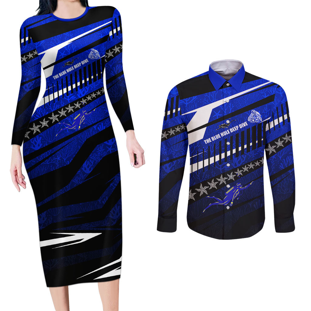 Kosrae Deep Sea Scuba Diving Couples Matching Long Sleeve Bodycon Dress and Long Sleeve Button Shirt Blue Hole Beneath The Surface Coral Reef Graphic Art TS04 Blue Black - Polynesian Pride