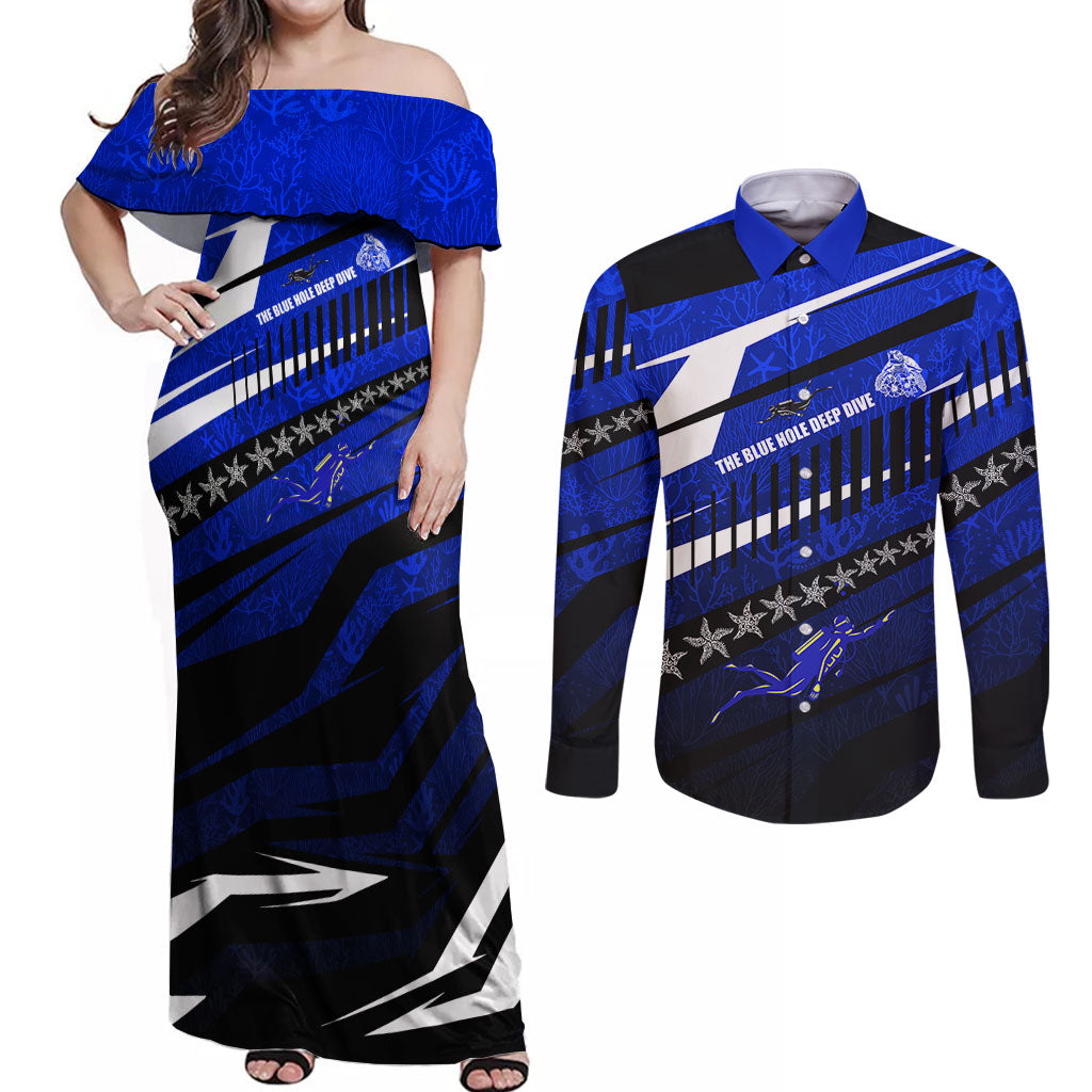 Kosrae Deep Sea Scuba Diving Couples Matching Off Shoulder Maxi Dress and Long Sleeve Button Shirt Blue Hole Beneath The Surface Coral Reef Graphic Art TS04 Blue Black - Polynesian Pride