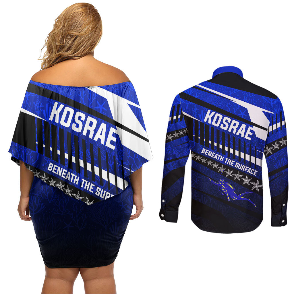 Kosrae Deep Sea Scuba Diving Couples Matching Off Shoulder Short Dress and Long Sleeve Button Shirt Blue Hole Beneath The Surface Coral Reef Graphic Art