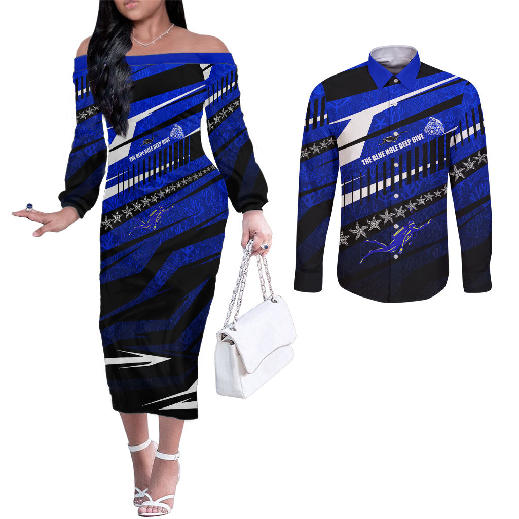 Kosrae Deep Sea Scuba Diving Couples Matching Off The Shoulder Long Sleeve Dress and Long Sleeve Button Shirt Blue Hole Beneath The Surface Coral Reef Graphic Art