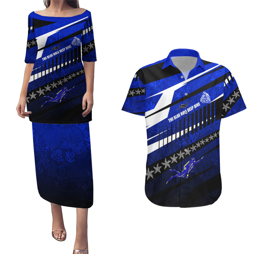Kosrae Deep Sea Scuba Diving Couples Matching Puletasi and Hawaiian Shirt Blue Hole Beneath The Surface Coral Reef Graphic Art TS04 Blue Black - Polynesian Pride