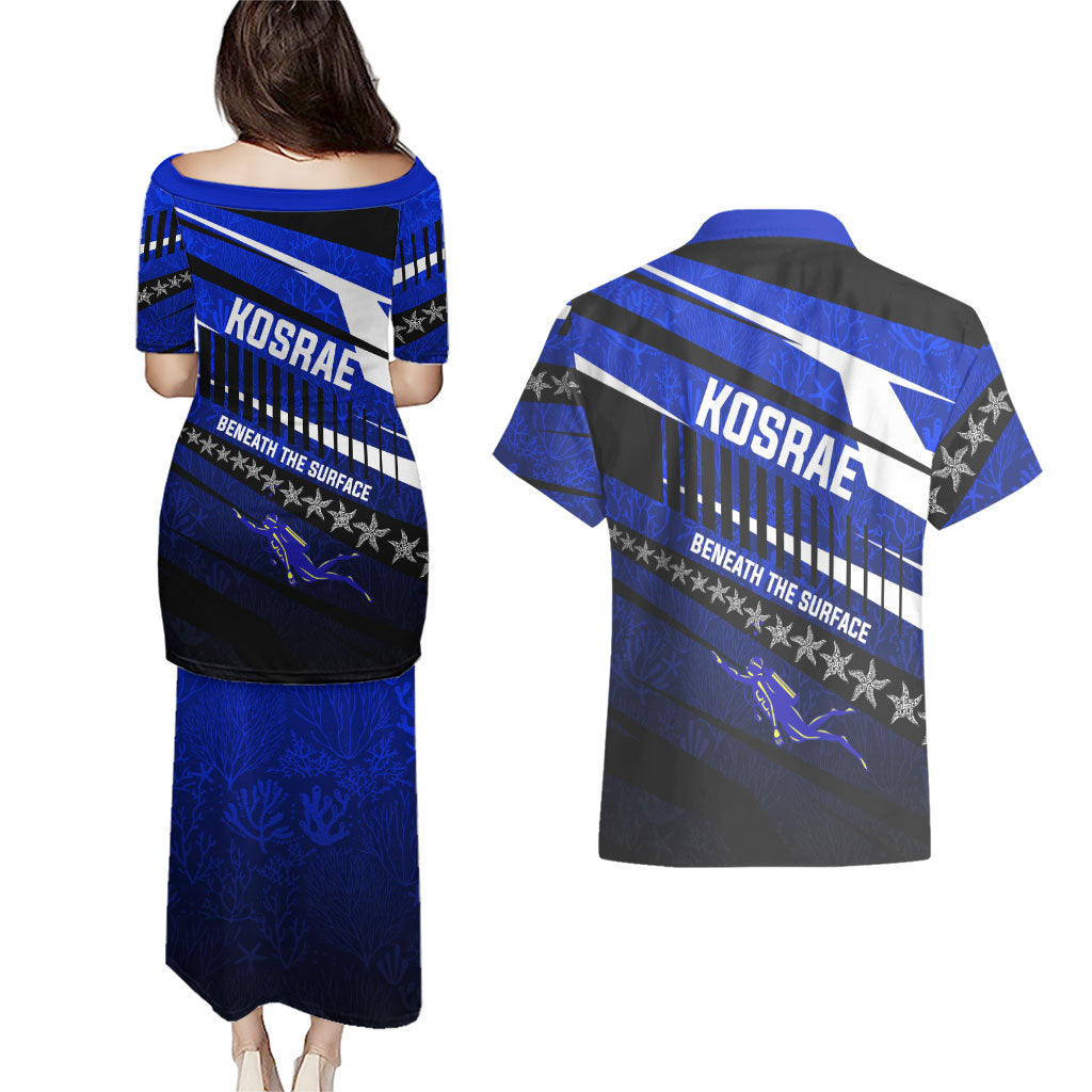 Kosrae Deep Sea Scuba Diving Couples Matching Puletasi and Hawaiian Shirt Blue Hole Beneath The Surface Coral Reef Graphic Art