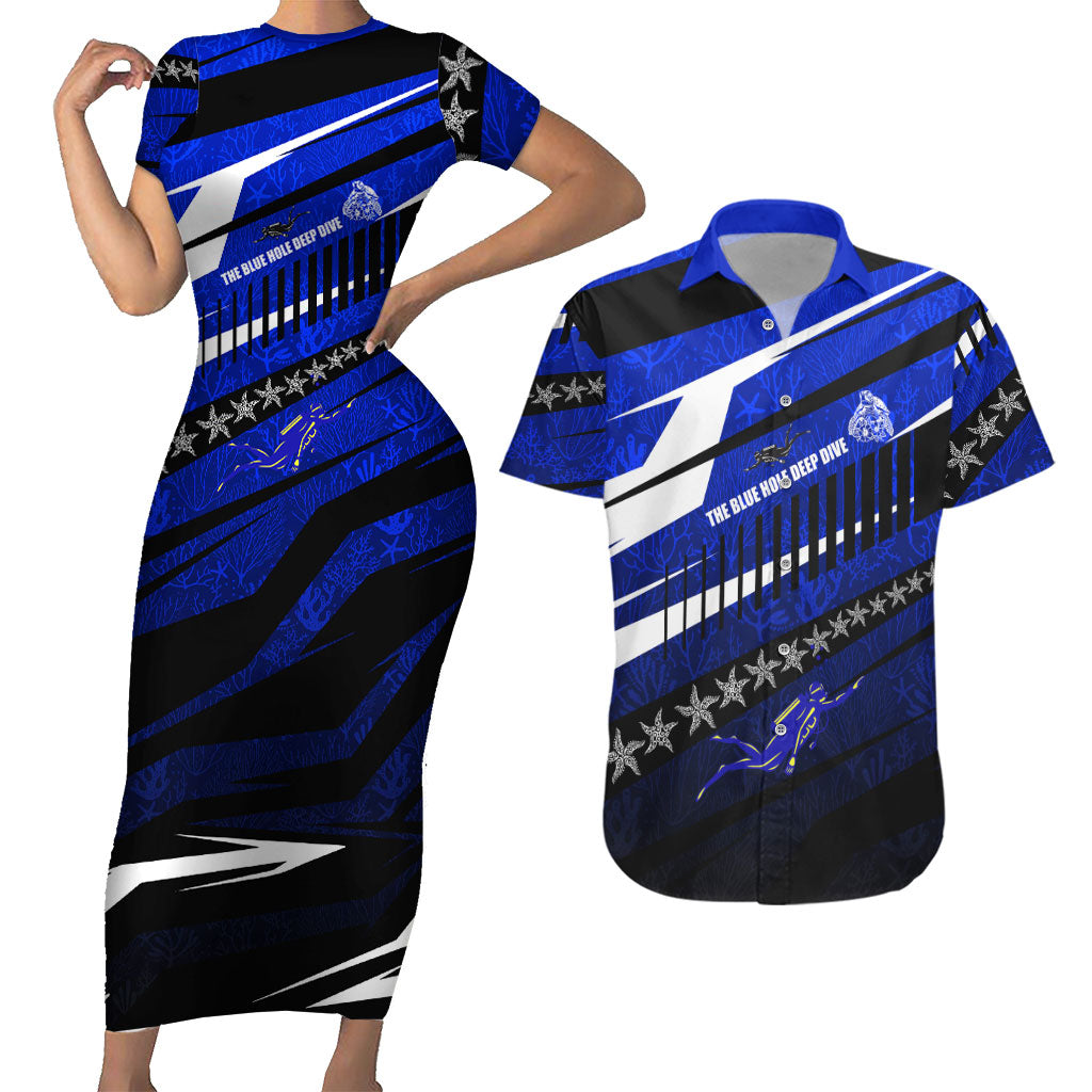 Kosrae Deep Sea Scuba Diving Couples Matching Short Sleeve Bodycon Dress and Hawaiian Shirt Blue Hole Beneath The Surface Coral Reef Graphic Art