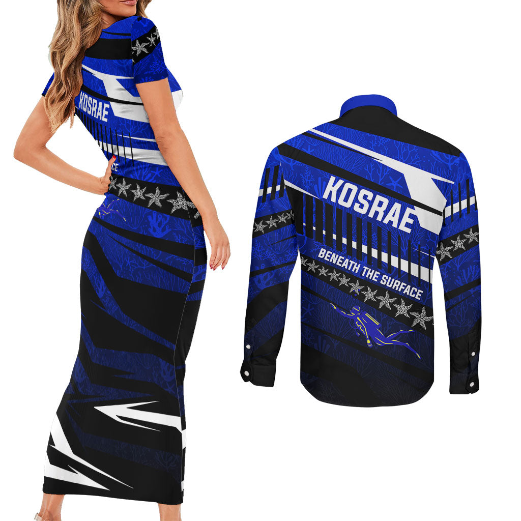 Kosrae Deep Sea Scuba Diving Couples Matching Short Sleeve Bodycon Dress and Long Sleeve Button Shirt Blue Hole Beneath The Surface Coral Reef Graphic Art