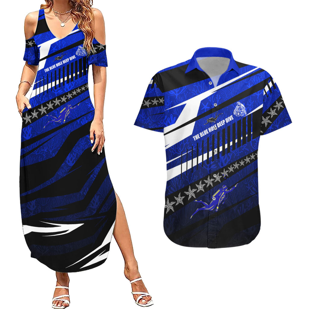 Kosrae Deep Sea Scuba Diving Couples Matching Summer Maxi Dress and Hawaiian Shirt Blue Hole Beneath The Surface Coral Reef Graphic Art TS04 Blue Black - Polynesian Pride