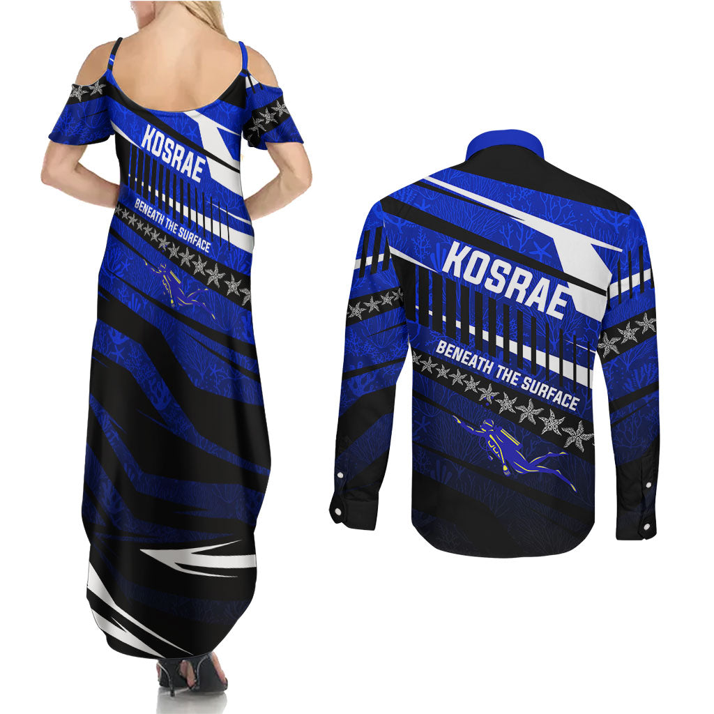 Kosrae Deep Sea Scuba Diving Couples Matching Summer Maxi Dress and Long Sleeve Button Shirt Blue Hole Beneath The Surface Coral Reef Graphic Art