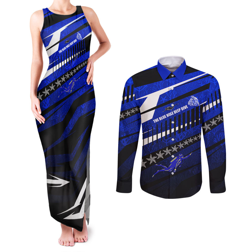 Kosrae Deep Sea Scuba Diving Couples Matching Tank Maxi Dress and Long Sleeve Button Shirt Blue Hole Beneath The Surface Coral Reef Graphic Art TS04 Blue Black - Polynesian Pride