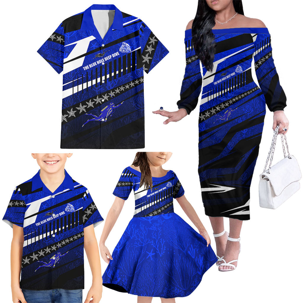 Kosrae Deep Sea Scuba Diving Family Matching Off The Shoulder Long Sleeve Dress and Hawaiian Shirt Blue Hole Beneath The Surface Coral Reef Graphic Art TS04 - Polynesian Pride