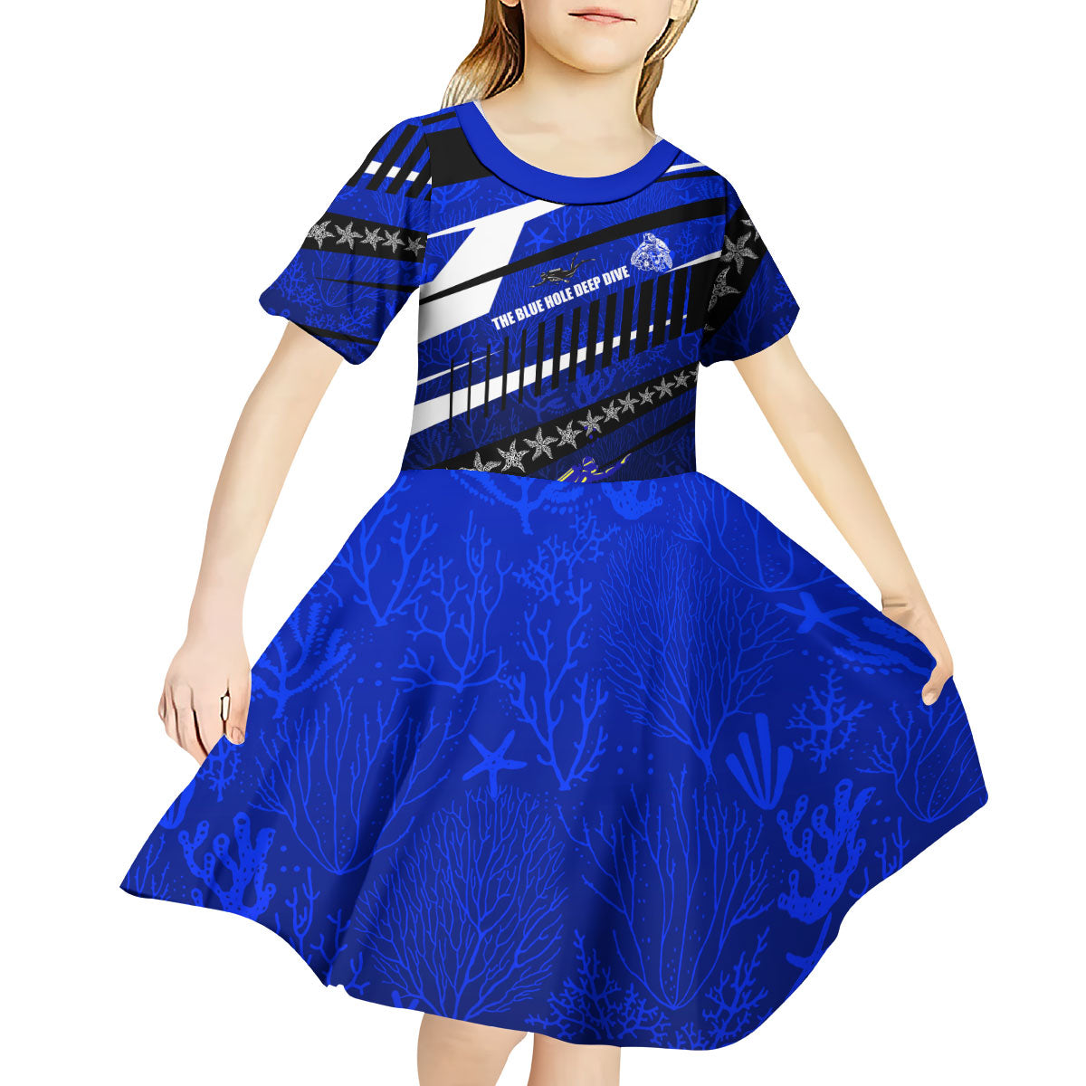 Kosrae Deep Sea Scuba Diving Kid Short Sleeve Dress Blue Hole Beneath The Surface Coral Reef Graphic Art