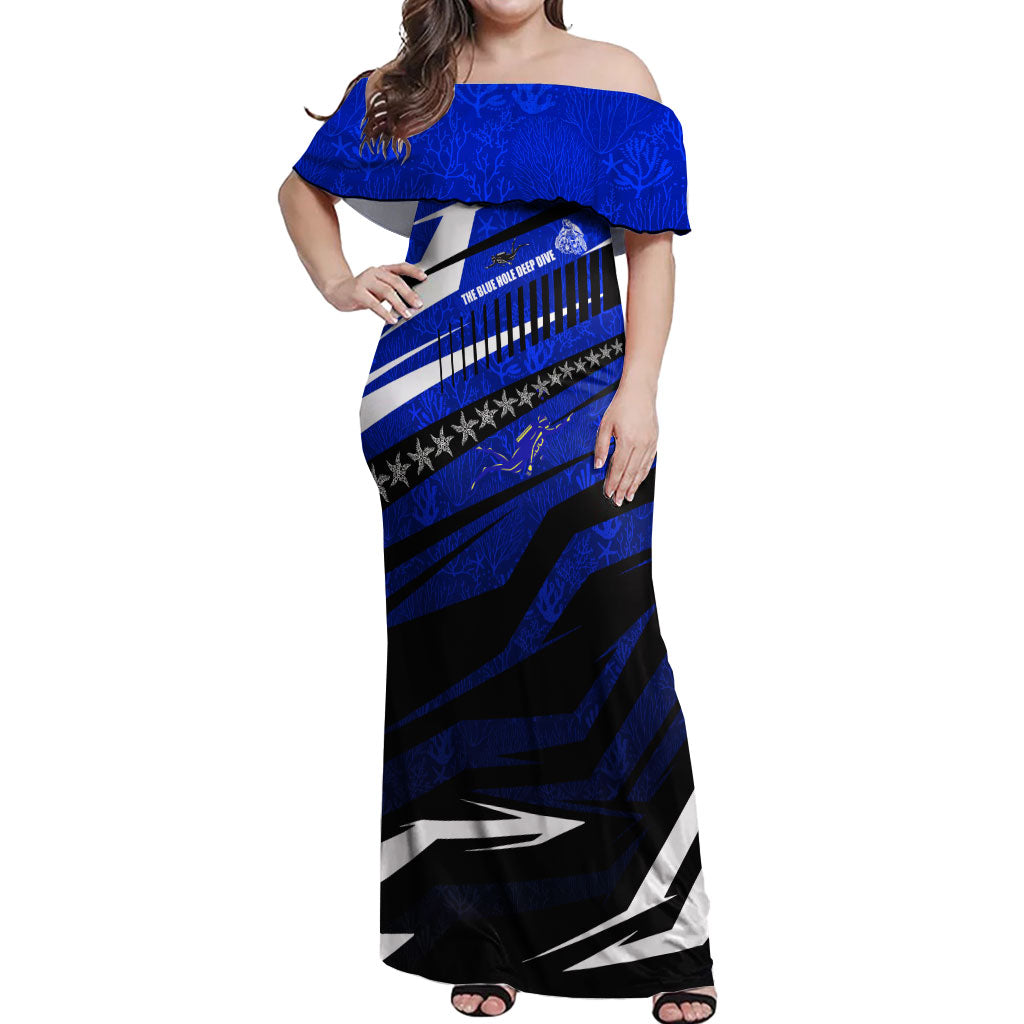 Kosrae Deep Sea Scuba Diving Off Shoulder Maxi Dress Blue Hole Beneath The Surface Coral Reef Graphic Art
