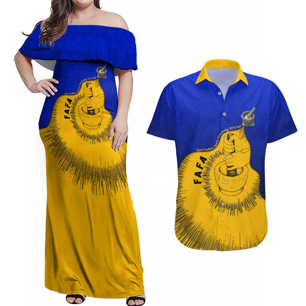 Kosrae Fafa Culinary Heritage Couples Matching Off Shoulder Maxi Dress and Hawaiian Shirt Kosraean Gold Taro Tradition Illustration With Coconut Leaves