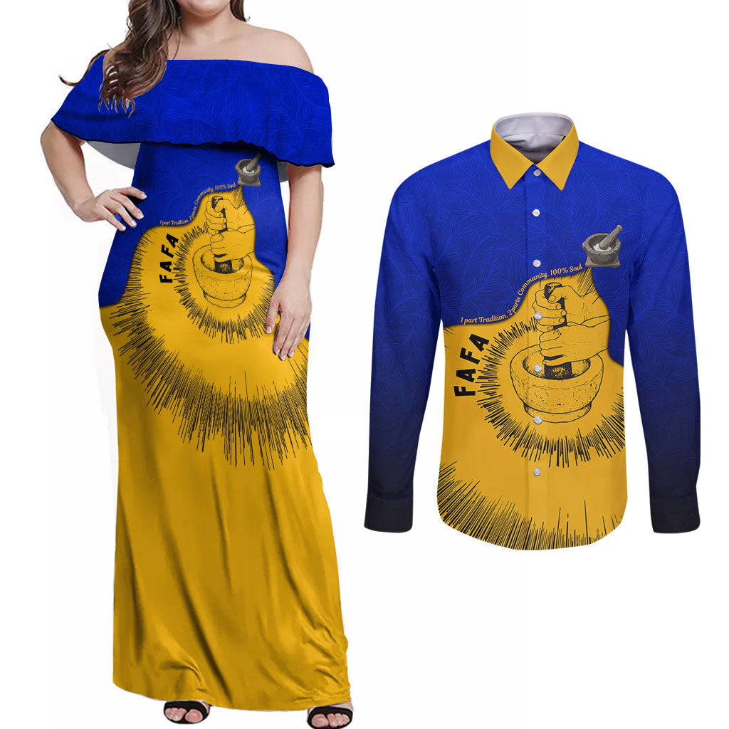 Kosrae Fafa Culinary Heritage Couples Matching Off Shoulder Maxi Dress and Long Sleeve Button Shirt Kosraean Gold Taro Tradition Illustration With Coconut Leaves