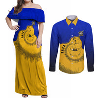 Kosrae Fafa Culinary Heritage Couples Matching Off Shoulder Maxi Dress and Long Sleeve Button Shirt Kosraean Gold Taro Tradition Illustration With Coconut Leaves