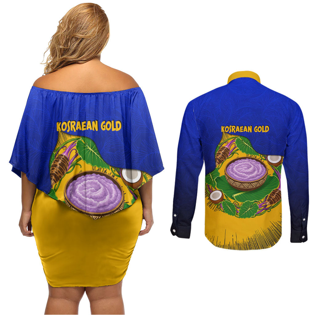 Kosrae Fafa Culinary Heritage Couples Matching Off Shoulder Short Dress and Long Sleeve Button Shirt Kosraean Gold Taro Tradition Illustration With Coconut Leaves