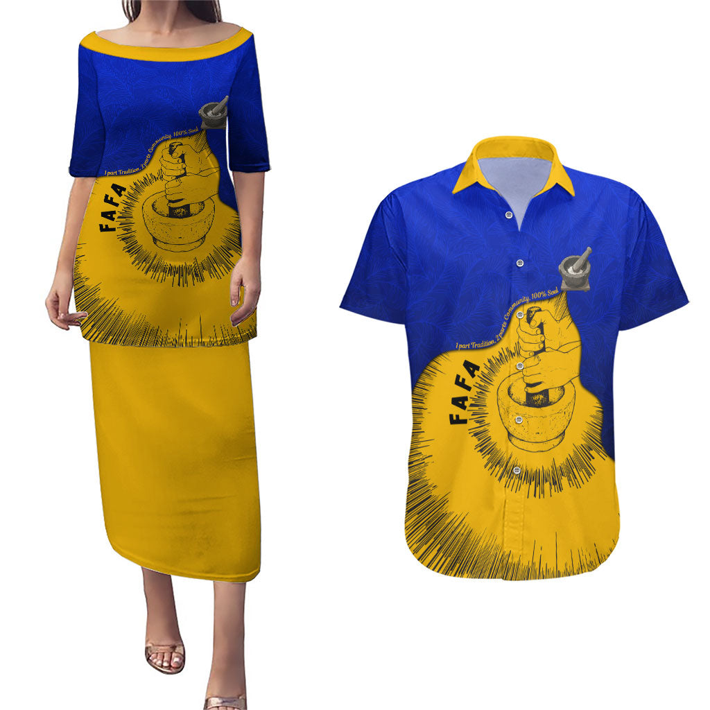 Kosrae Fafa Culinary Heritage Couples Matching Puletasi and Hawaiian Shirt Kosraean Gold Taro Tradition Illustration With Coconut Leaves TS04 Blue Yellow - Polynesian Pride