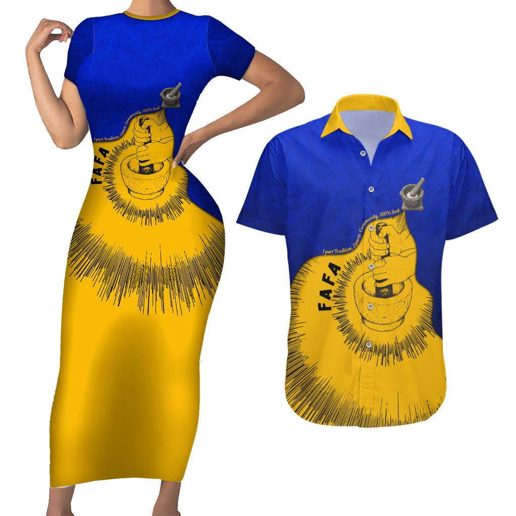 Kosrae Fafa Culinary Heritage Couples Matching Short Sleeve Bodycon Dress and Hawaiian Shirt Kosraean Gold Taro Tradition Illustration With Coconut Leaves TS04 Blue Yellow - Polynesian Pride