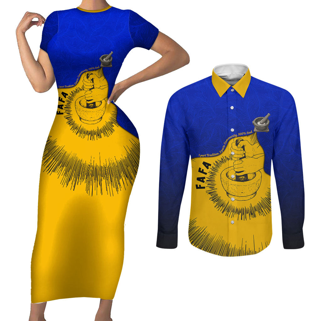 Kosrae Fafa Culinary Heritage Couples Matching Short Sleeve Bodycon Dress and Long Sleeve Button Shirt Kosraean Gold Taro Tradition Illustration With Coconut Leaves TS04 Blue Yellow - Polynesian Pride