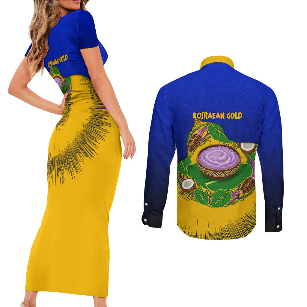 Kosrae Fafa Culinary Heritage Couples Matching Short Sleeve Bodycon Dress and Long Sleeve Button Shirt Kosraean Gold Taro Tradition Illustration With Coconut Leaves