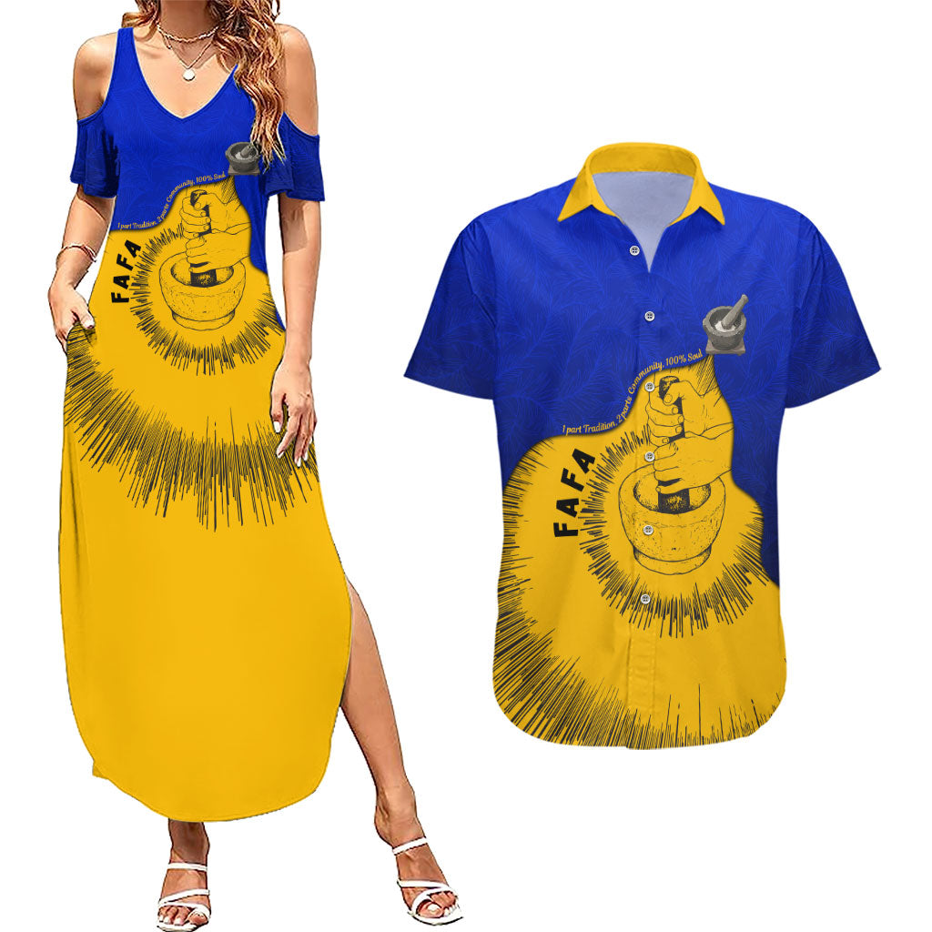 Kosrae Fafa Culinary Heritage Couples Matching Summer Maxi Dress and Hawaiian Shirt Kosraean Gold Taro Tradition Illustration With Coconut Leaves TS04 Blue Yellow - Polynesian Pride