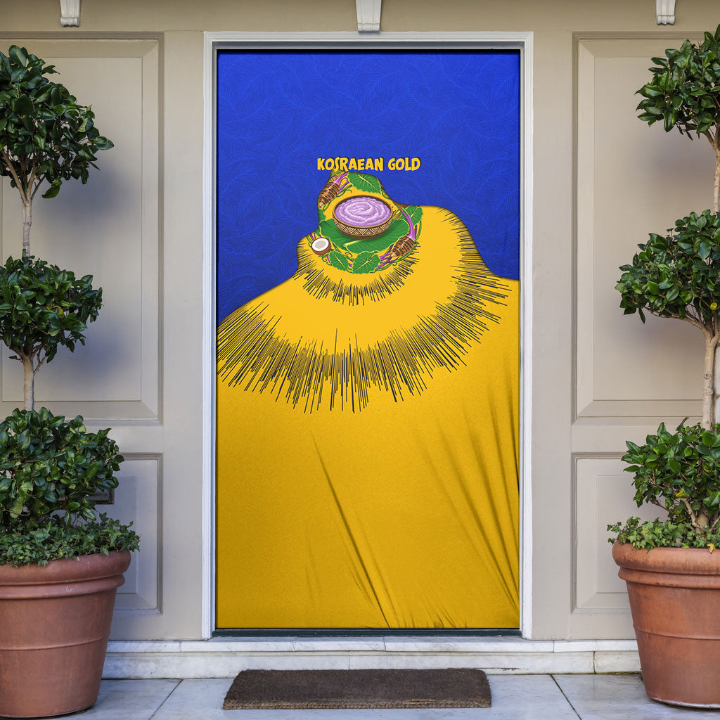 Kosrae Fafa Culinary Heritage Door Cover Kosraean Gold Taro Tradition Illustration With Coconut Leaves TS04 Blue Yellow - Polynesian Pride