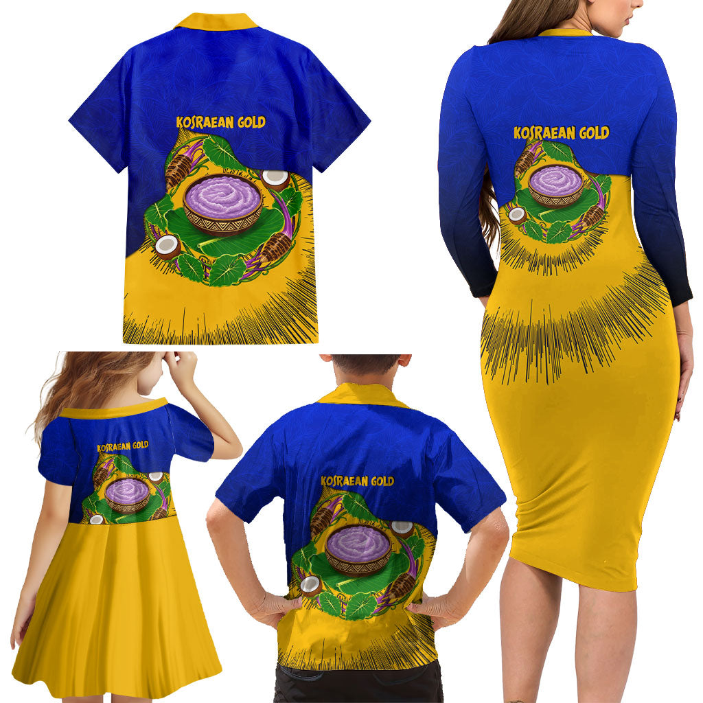 Kosrae Fafa Culinary Heritage Family Matching Long Sleeve Bodycon Dress and Hawaiian Shirt Kosraean Gold Taro Tradition Illustration With Coconut Leaves