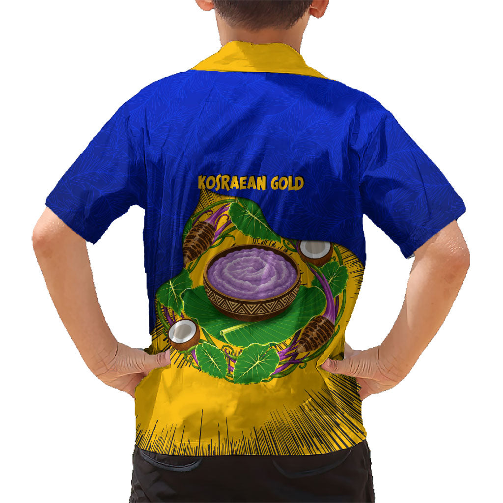 Kosrae Fafa Culinary Heritage Family Matching Off The Shoulder Long Sleeve Dress and Hawaiian Shirt Kosraean Gold Taro Tradition Illustration With Coconut Leaves