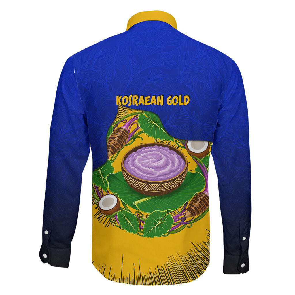 Kosrae Fafa Culinary Heritage Family Matching Off The Shoulder Long Sleeve Dress and Hawaiian Shirt Kosraean Gold Taro Tradition Illustration With Coconut Leaves