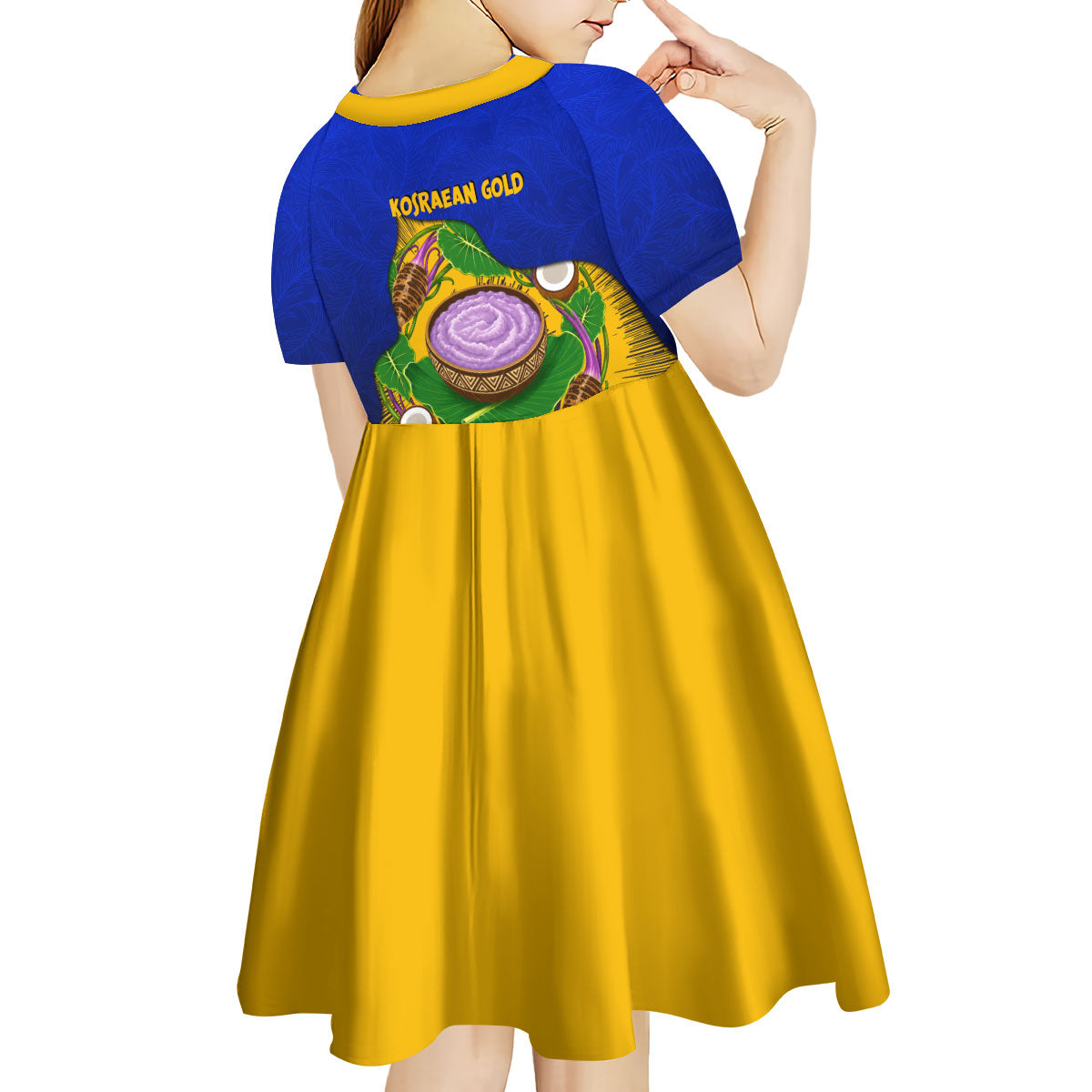 Kosrae Fafa Culinary Heritage Kid Short Sleeve Dress Kosraean Gold Taro Tradition Illustration With Coconut Leaves