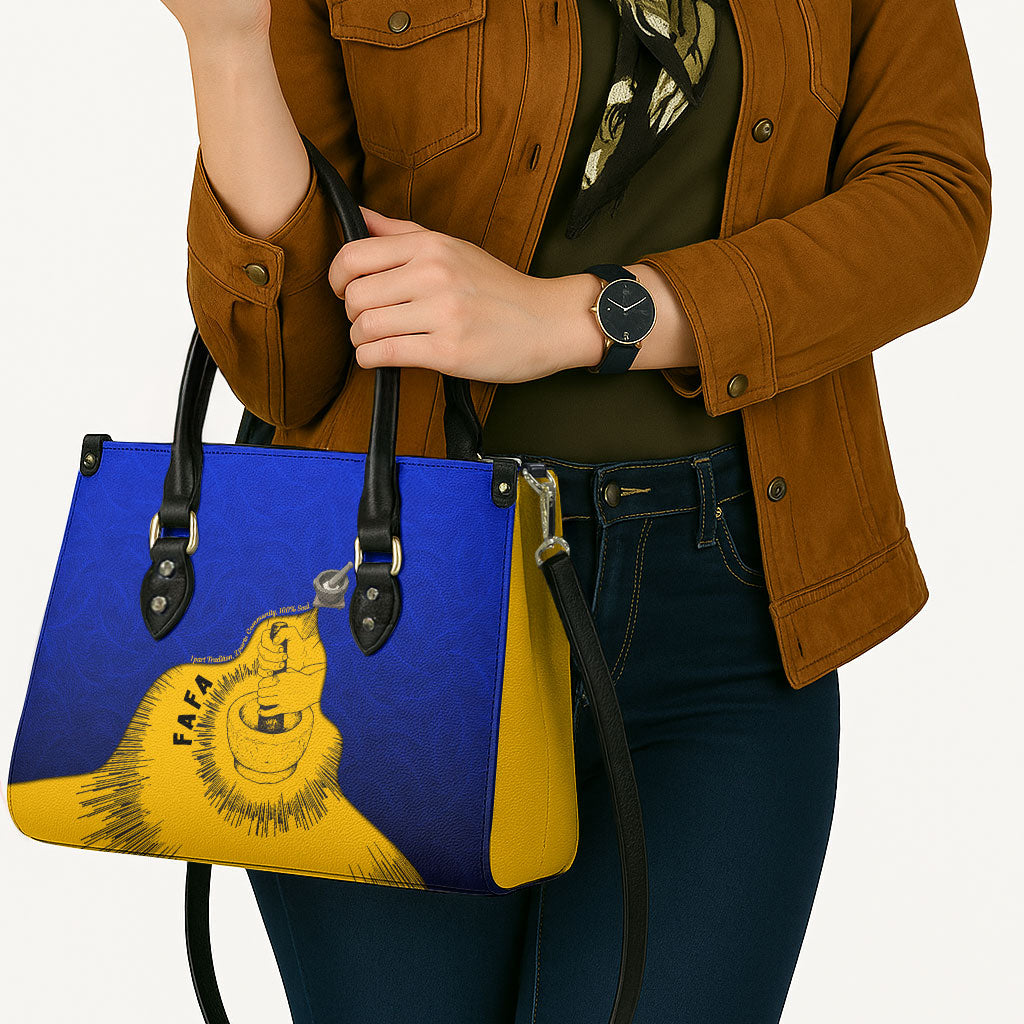 Kosrae Fafa Culinary Heritage Leather Bag Kosraean Gold Taro Tradition Illustration With Coconut Leaves
