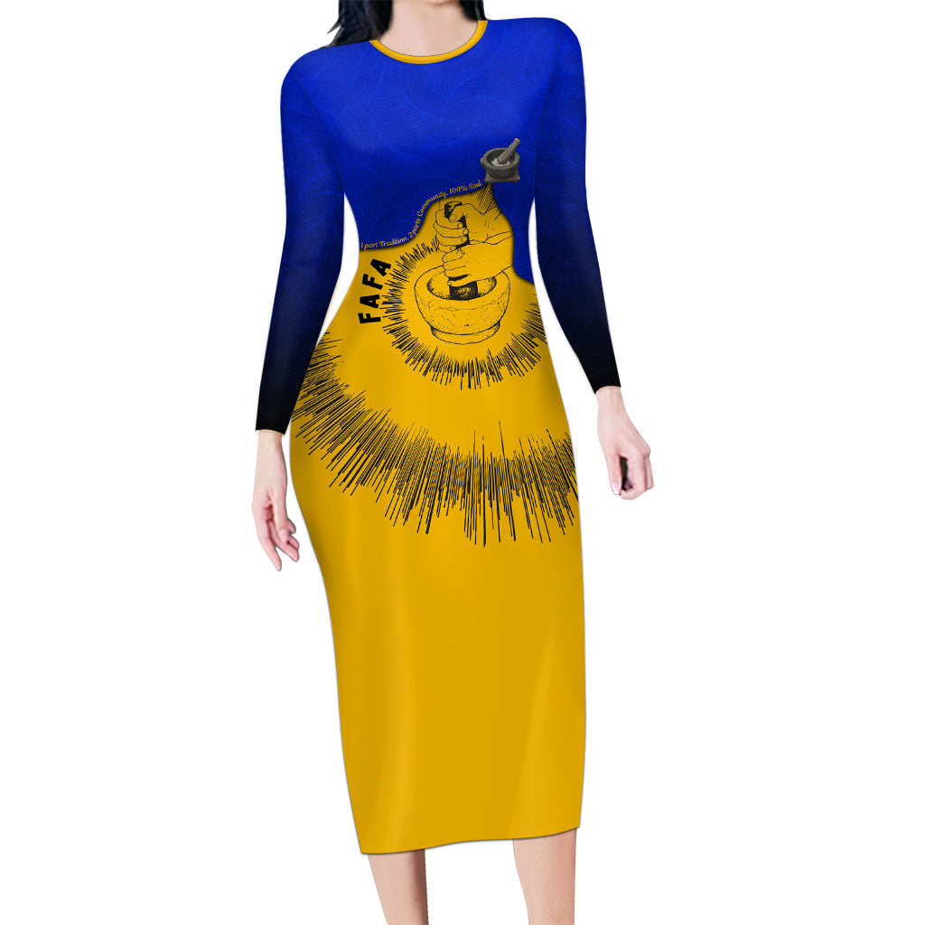 Kosrae Fafa Culinary Heritage Long Sleeve Bodycon Dress Kosraean Gold Taro Tradition Illustration With Coconut Leaves TS04 Long Dress Blue Yellow - Polynesian Pride