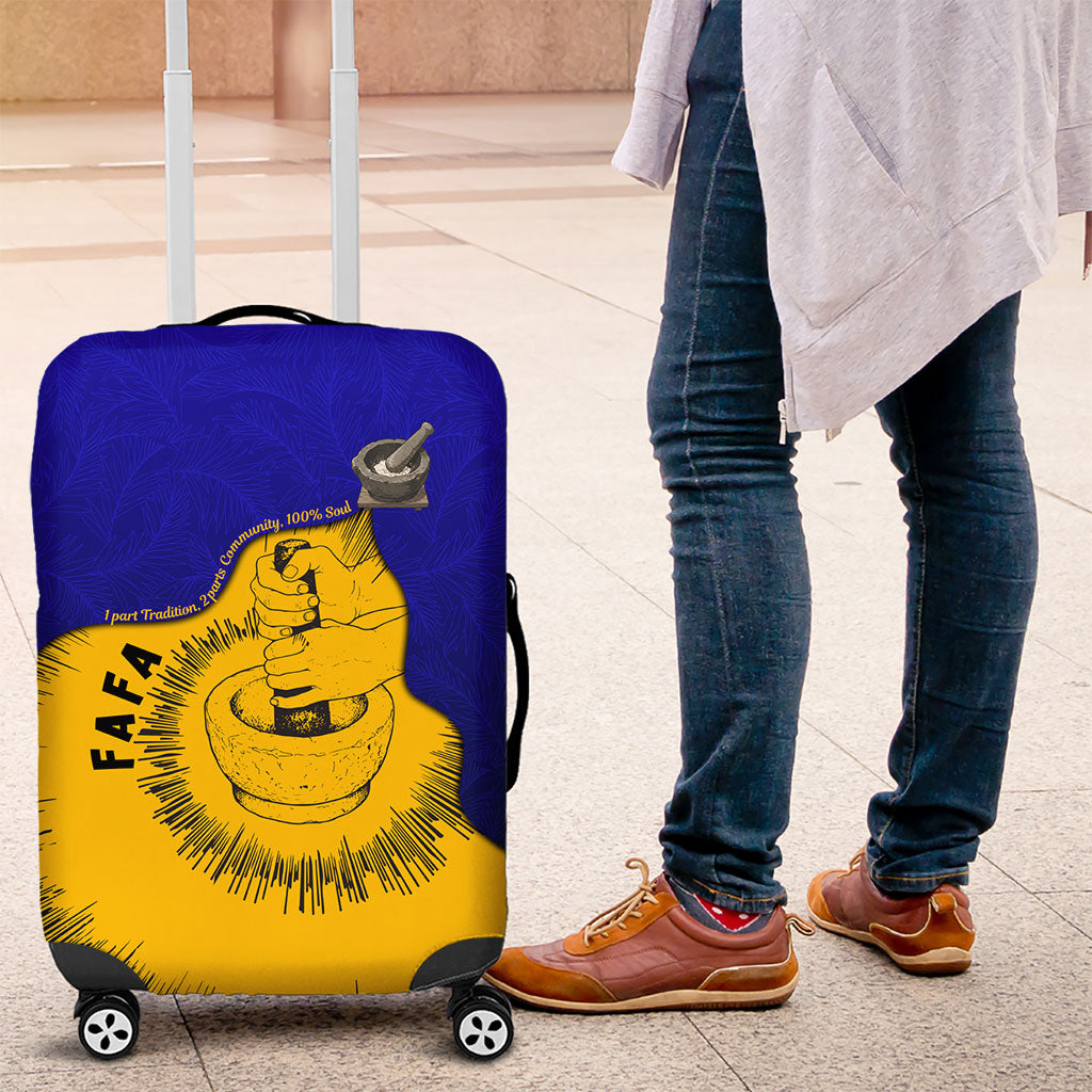Kosrae Fafa Culinary Heritage Luggage Cover Kosraean Gold Taro Tradition Illustration With Coconut Leaves TS04 Blue Yellow - Polynesian Pride