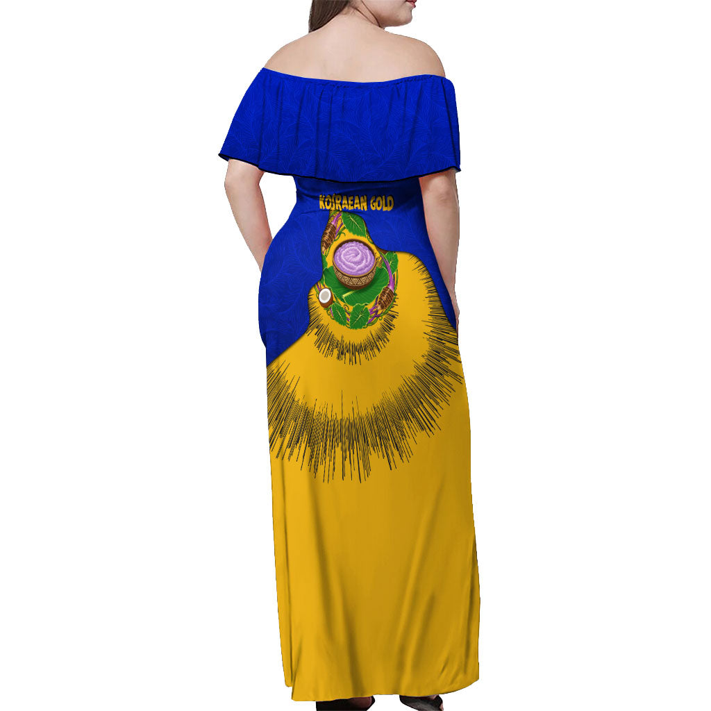 Kosrae Fafa Culinary Heritage Off Shoulder Maxi Dress Kosraean Gold Taro Tradition Illustration With Coconut Leaves