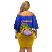 Kosrae Fafa Culinary Heritage Off Shoulder Short Dress Kosraean Gold Taro Tradition Illustration With Coconut Leaves