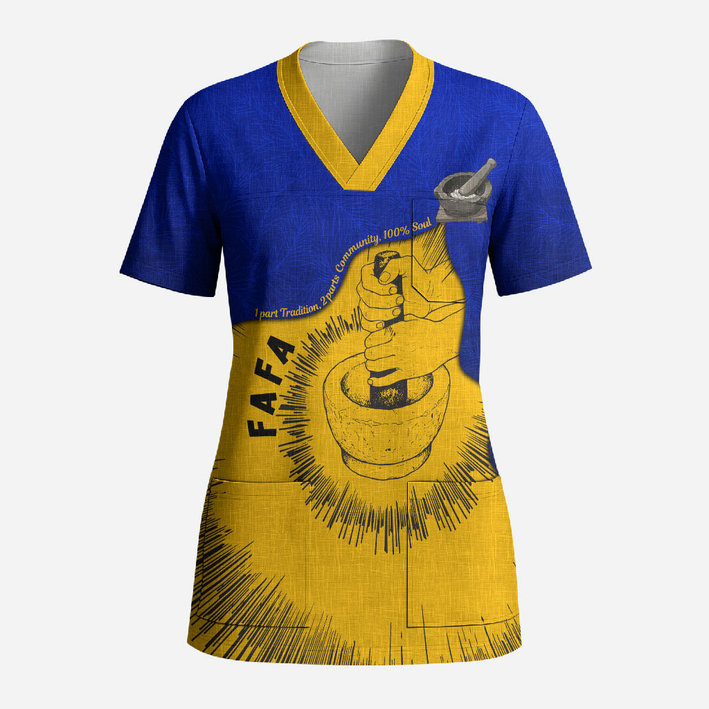 Kosrae Fafa Culinary Heritage Scrub Top Kosraean Gold Taro Tradition Illustration With Coconut Leaves