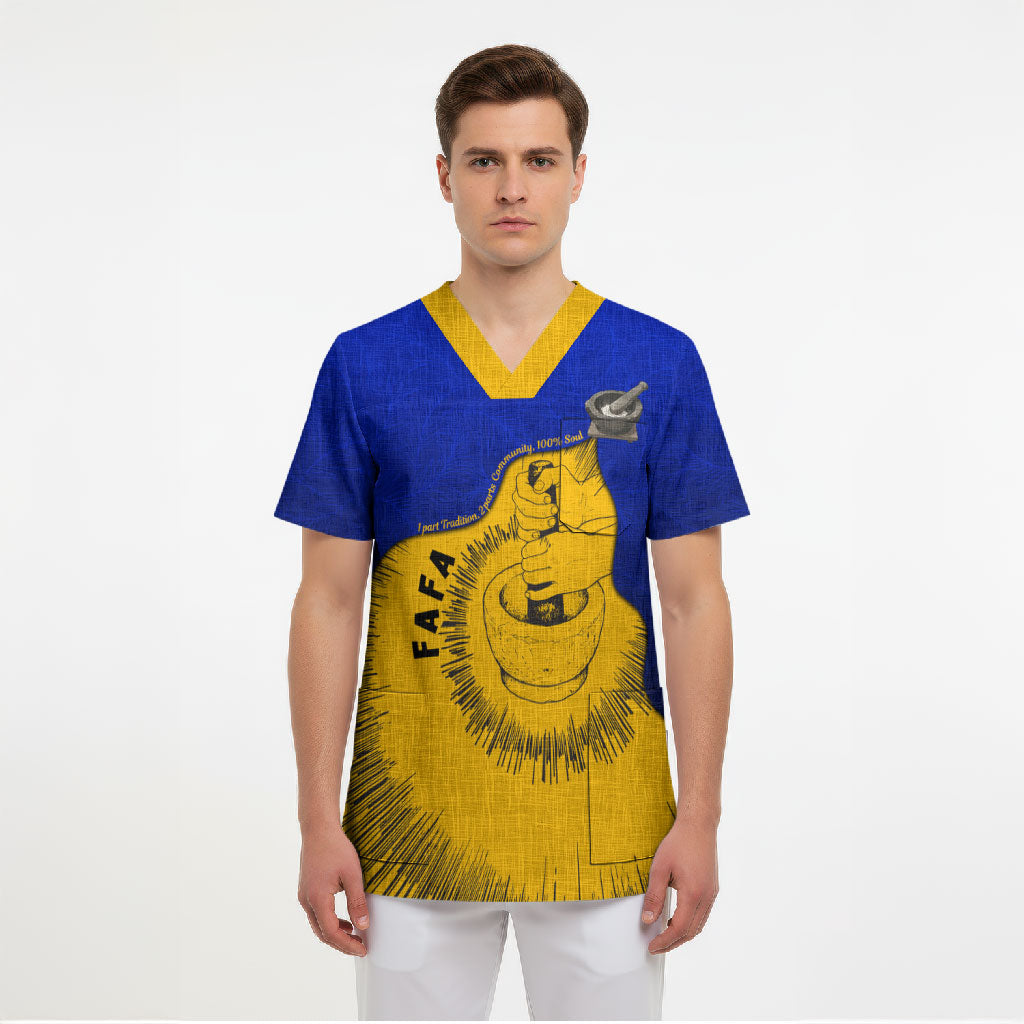 Kosrae Fafa Culinary Heritage Scrub Top Kosraean Gold Taro Tradition Illustration With Coconut Leaves