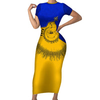 Kosrae Fafa Culinary Heritage Short Sleeve Bodycon Dress Kosraean Gold Taro Tradition Illustration With Coconut Leaves