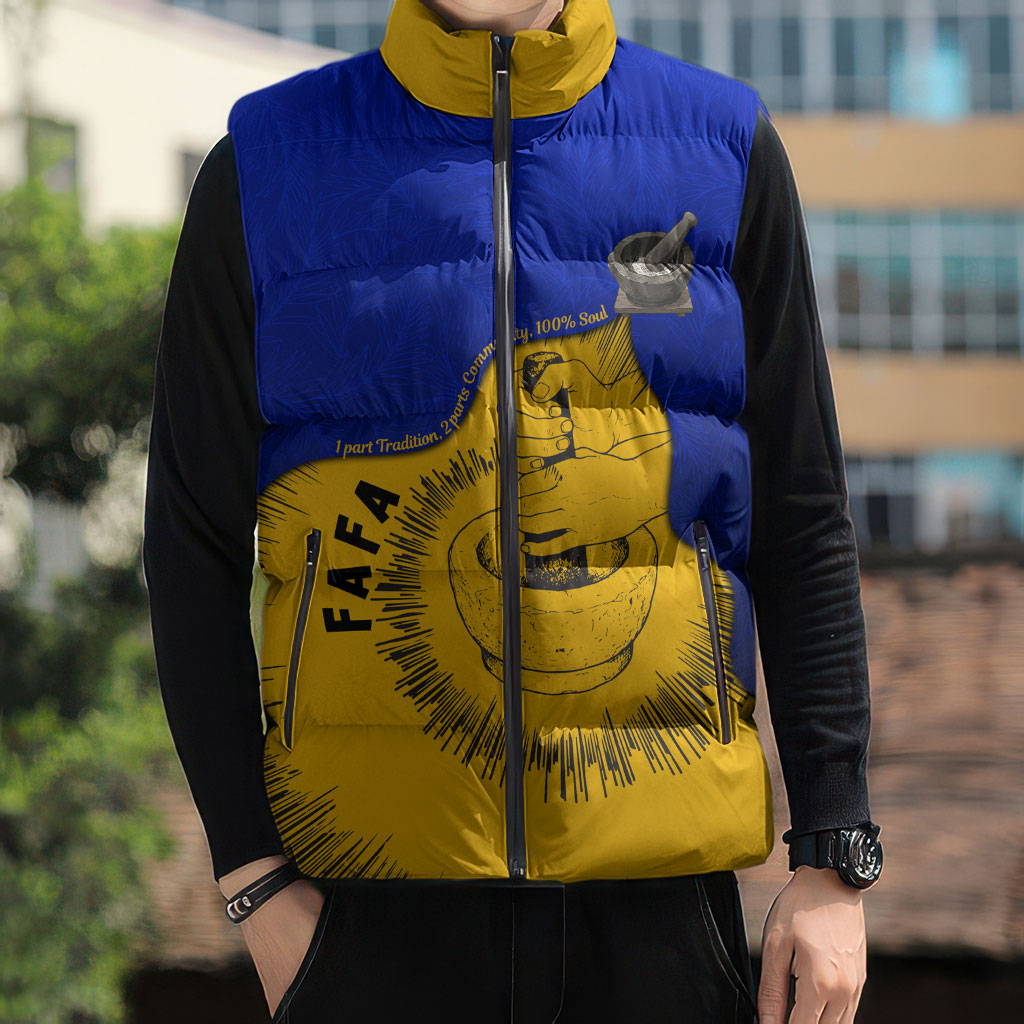 Kosrae Fafa Culinary Heritage Sleeveless Puffer Jacket Kosraean Gold Taro Tradition Illustration With Coconut Leaves