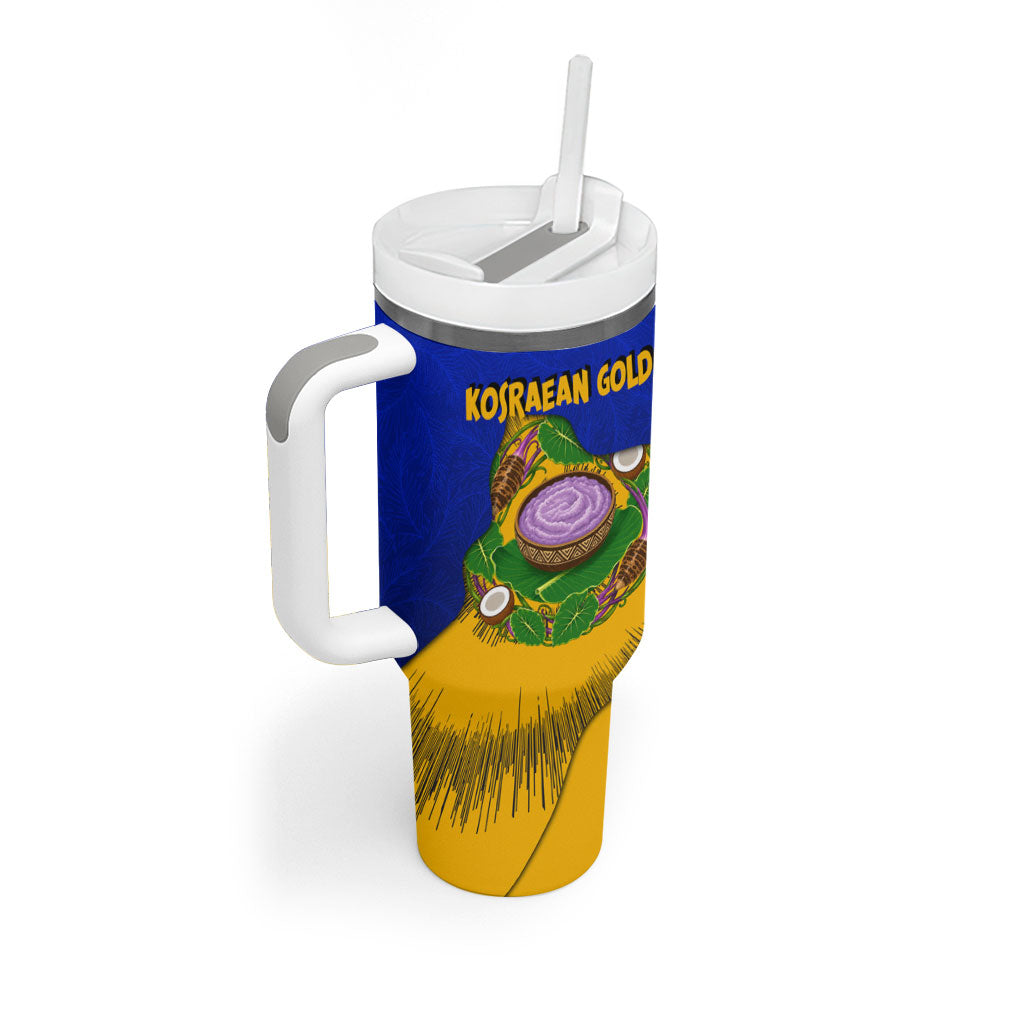 Kosrae Fafa Culinary Heritage Tumbler With Handle Kosraean Gold Taro Tradition Illustration With Coconut Leaves