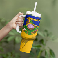 Kosrae Fafa Culinary Heritage Tumbler With Handle Kosraean Gold Taro Tradition Illustration With Coconut Leaves