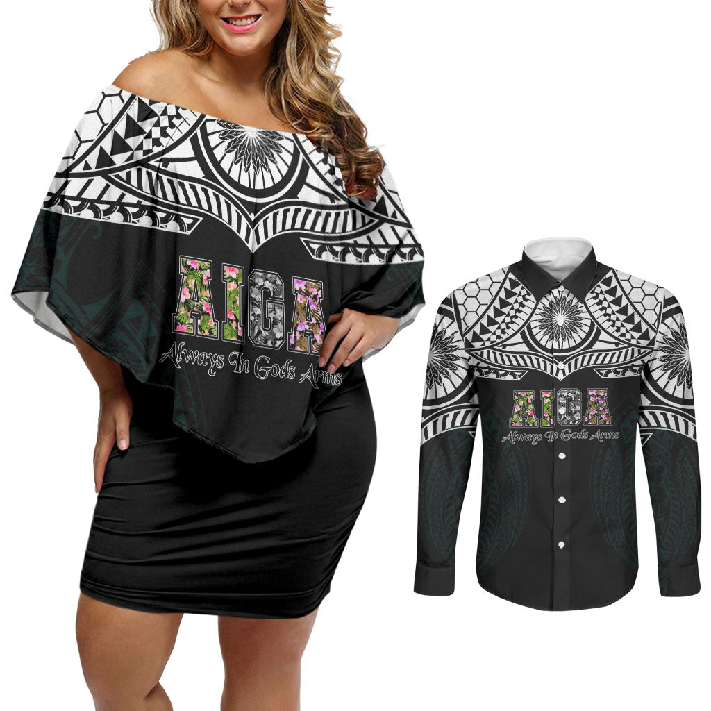 AIGA Always In Gods Arms Samoa Couples Matching Off Shoulder Short Dress and Long Sleeve Button Shirt Polynesian Tribal Tattoo Art Family Heritage Faith